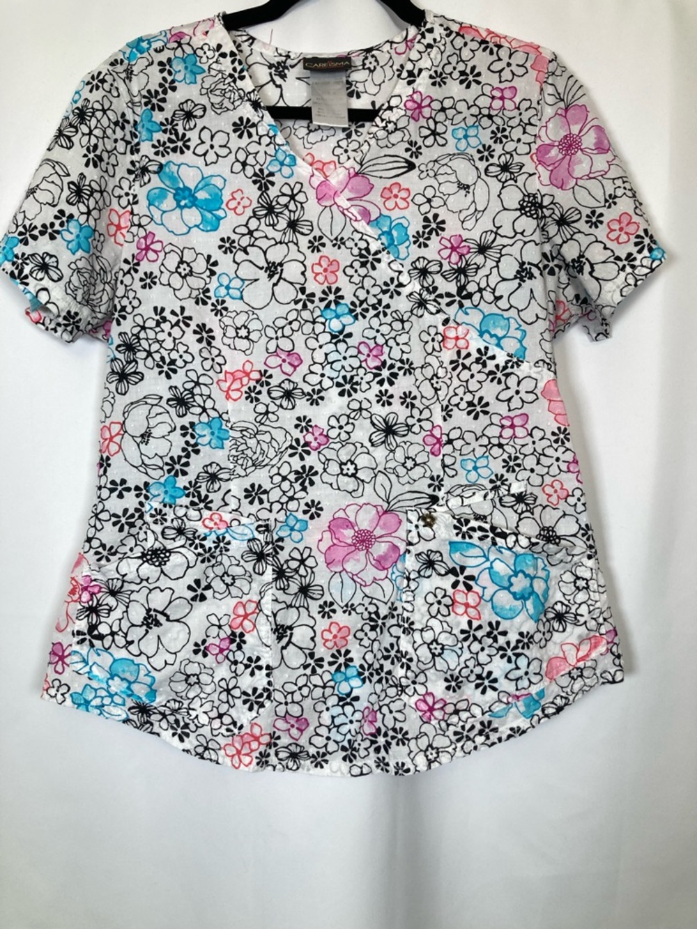 Careisma by Sofia Vergara "Just Fleur Fun" Floral Mock Wrap Scrub Top Sz L